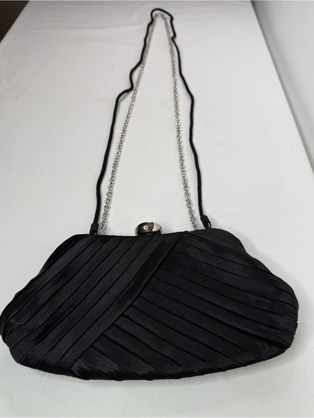 Classic Black Satin Pleated Clutch Silver Trim Metal Chain or Ribbon Strap
